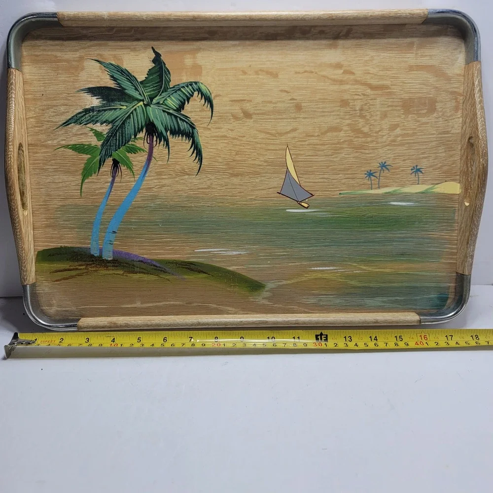 Vintage Hand Painted Tropical Palm Tree Sailboat Wood Serving Tray Metal Rim 17